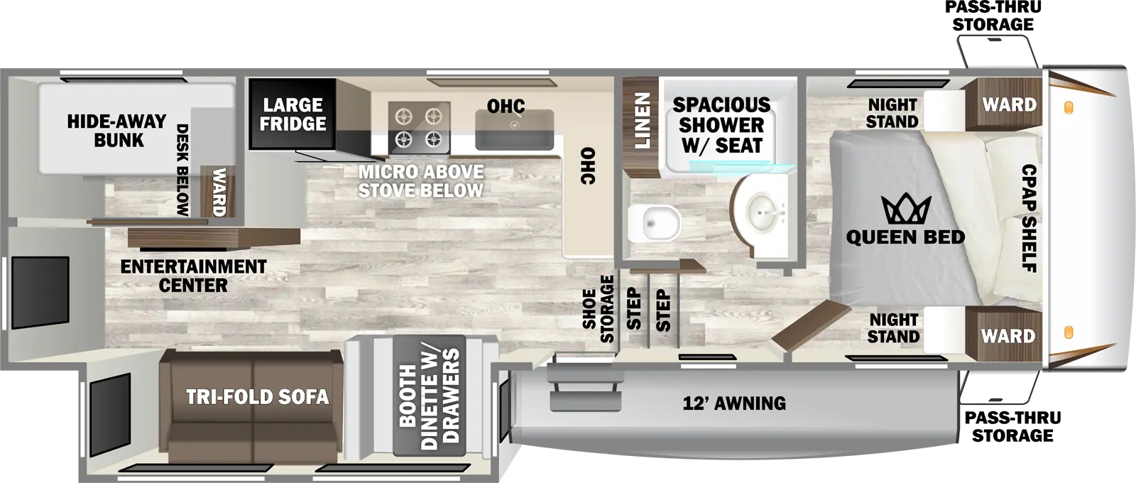 The 26BBR has 1 slide out on the door side and 1 entry door. Exterior features include a 12 ft. awning and front pass-through storage. Interior layout from front to back includes front bedroom with foot-facing Queen bed, opposing side wardrobes, CPAP shelf and night stands; off-door side bathroom with spacious shower with seat, linen storage, toilet and vanity; door-side kitchen with L-shaped counter, large refrigerator, overhead microwave, stovetop, sink and overhead cabinet; door-side slide out with tri-fold sofa and booth dinette with drawers; and rear corner hide-away bunkroom with desk below and wardrobe.